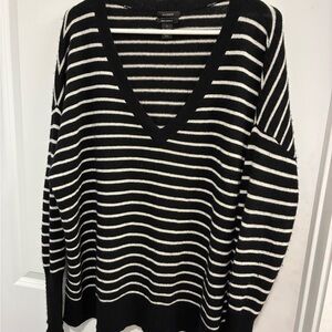 Halogen V-Neck Sweater with Black and White Stripes